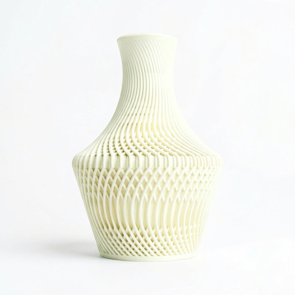 Lux Print Labs cream 3D printed PLA vase with intricate, flowing, layered design and visually striking texture.