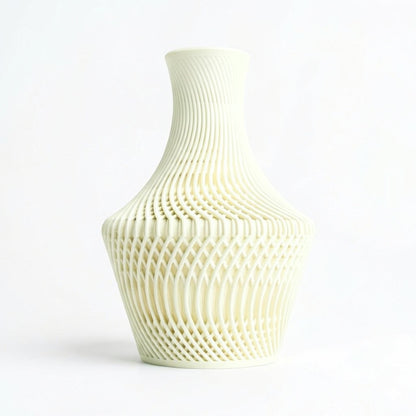 Lux Print Labs cream 3D printed PLA vase with intricate, flowing, layered design and visually striking texture.