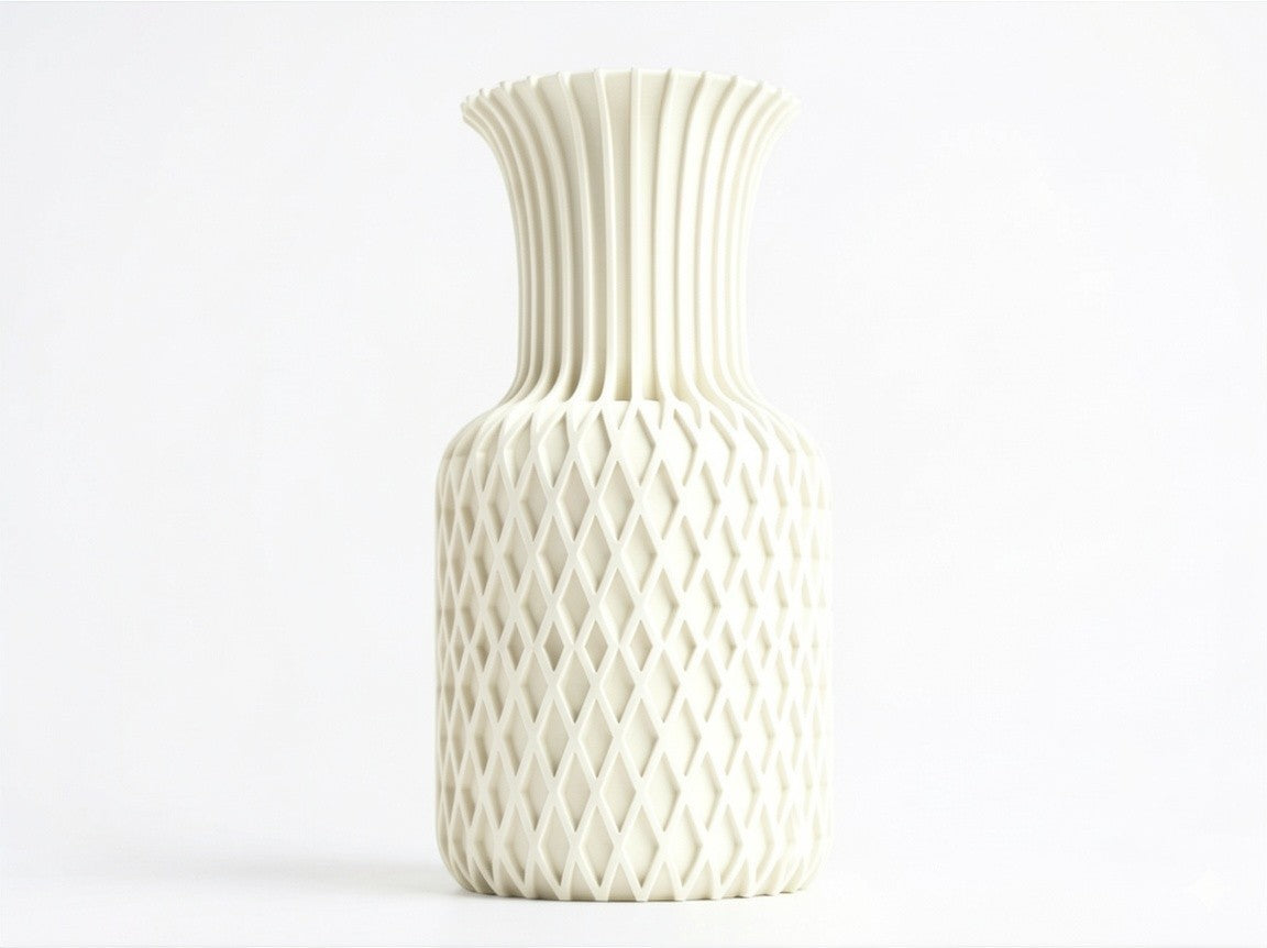 Lux Print Labs Juno vase in cream with diamond pattern base and ribbed top. Modern 3D printed sculptural vase.