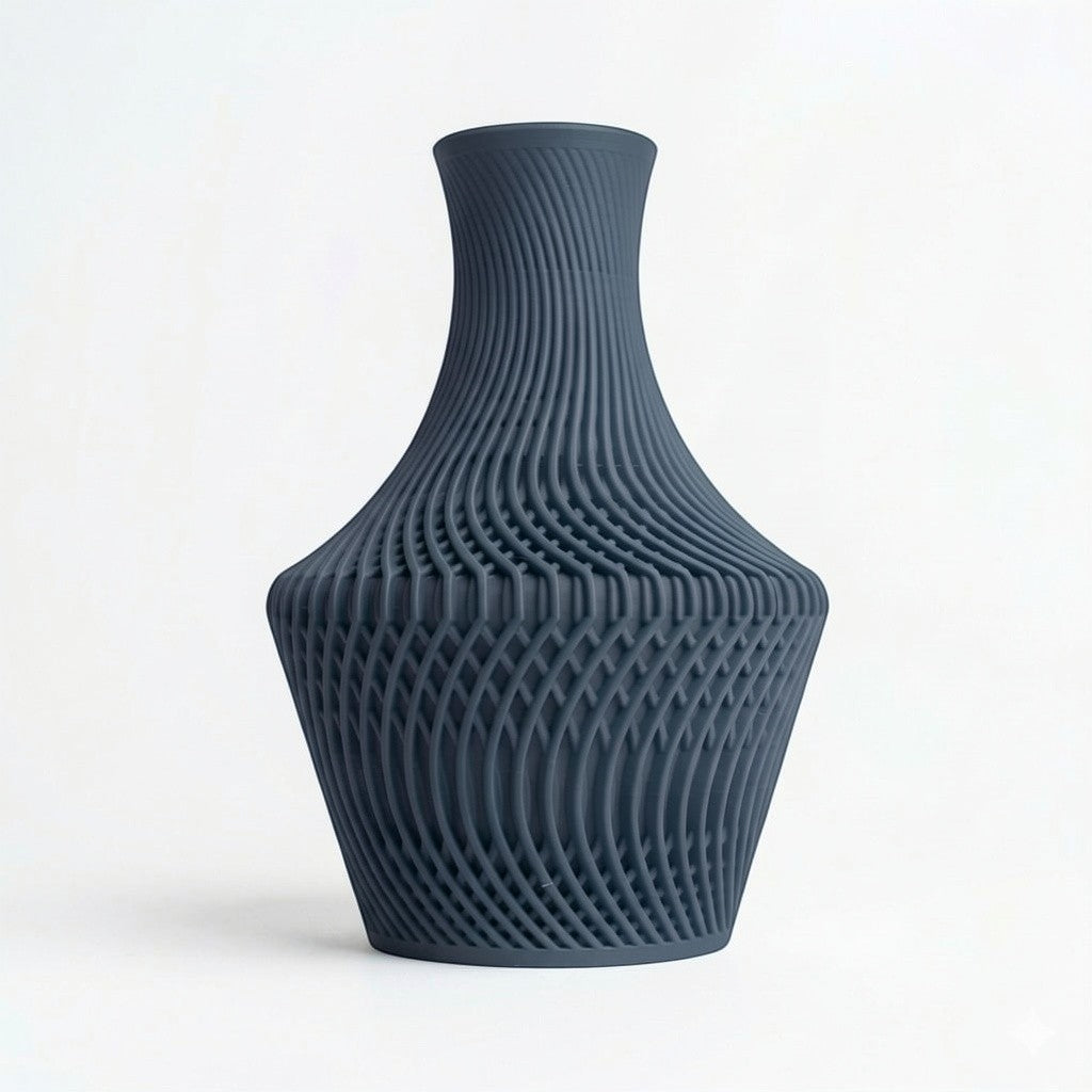 Lux Print Labs dark grey 3D printed PLA vase with a unique layered, flowing design and visually striking texture.