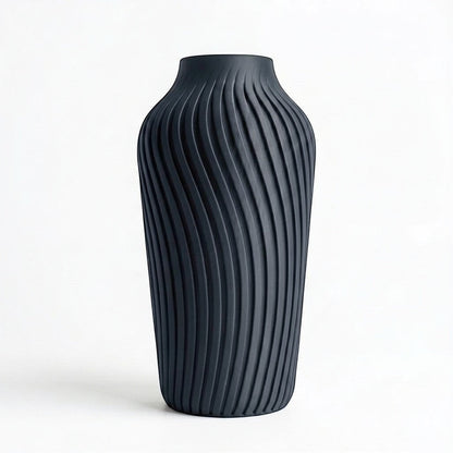 Lux Print Labs dark grey 3D printed vase with a spiraling ribbed texture, available in two sizes.