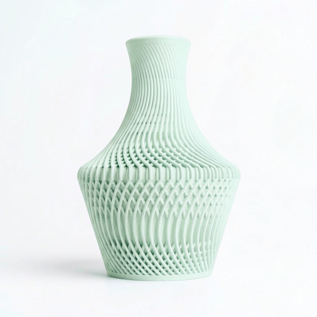 Lux Print Labs pale green 3D printed Lucid Vase with intricate, flowing, layered design and visually striking texture.