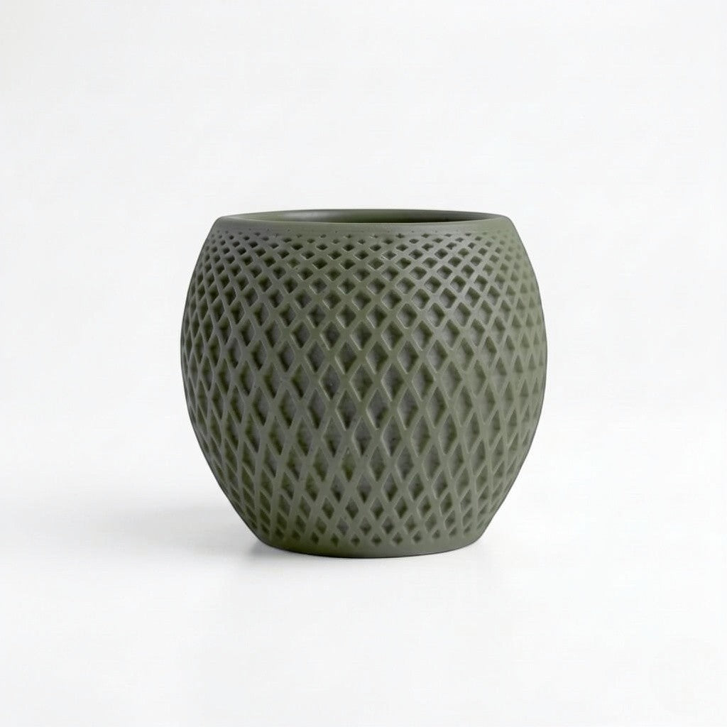 Lux Print Labs dark green geometric diamond-weave PLA planter with a matte finish and solid drip tray.