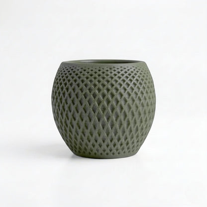 Lux Print Labs dark green geometric diamond-weave PLA planter with a matte finish and solid drip tray.