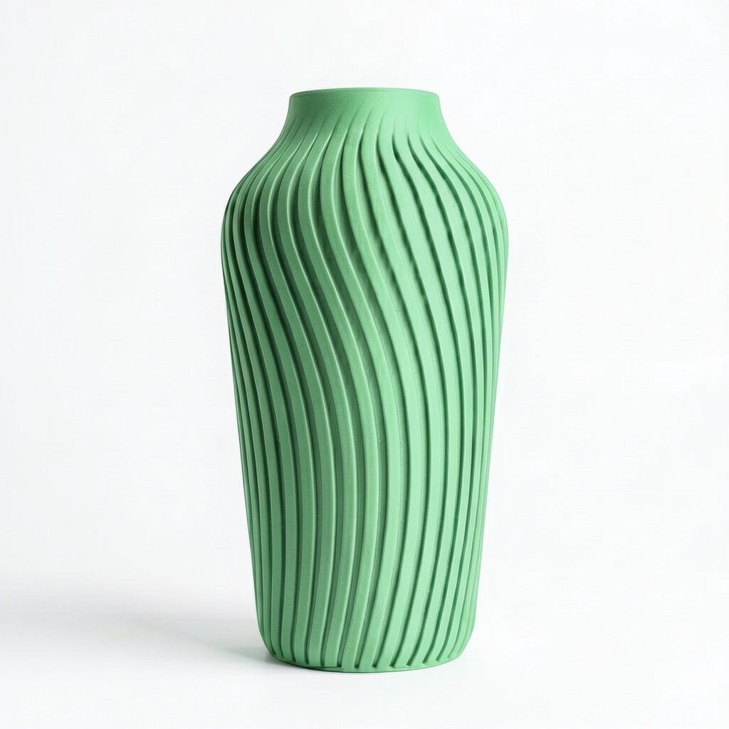 Lux Print Labs green 3D printed vase with a radiating spiral pattern, available in two sizes.