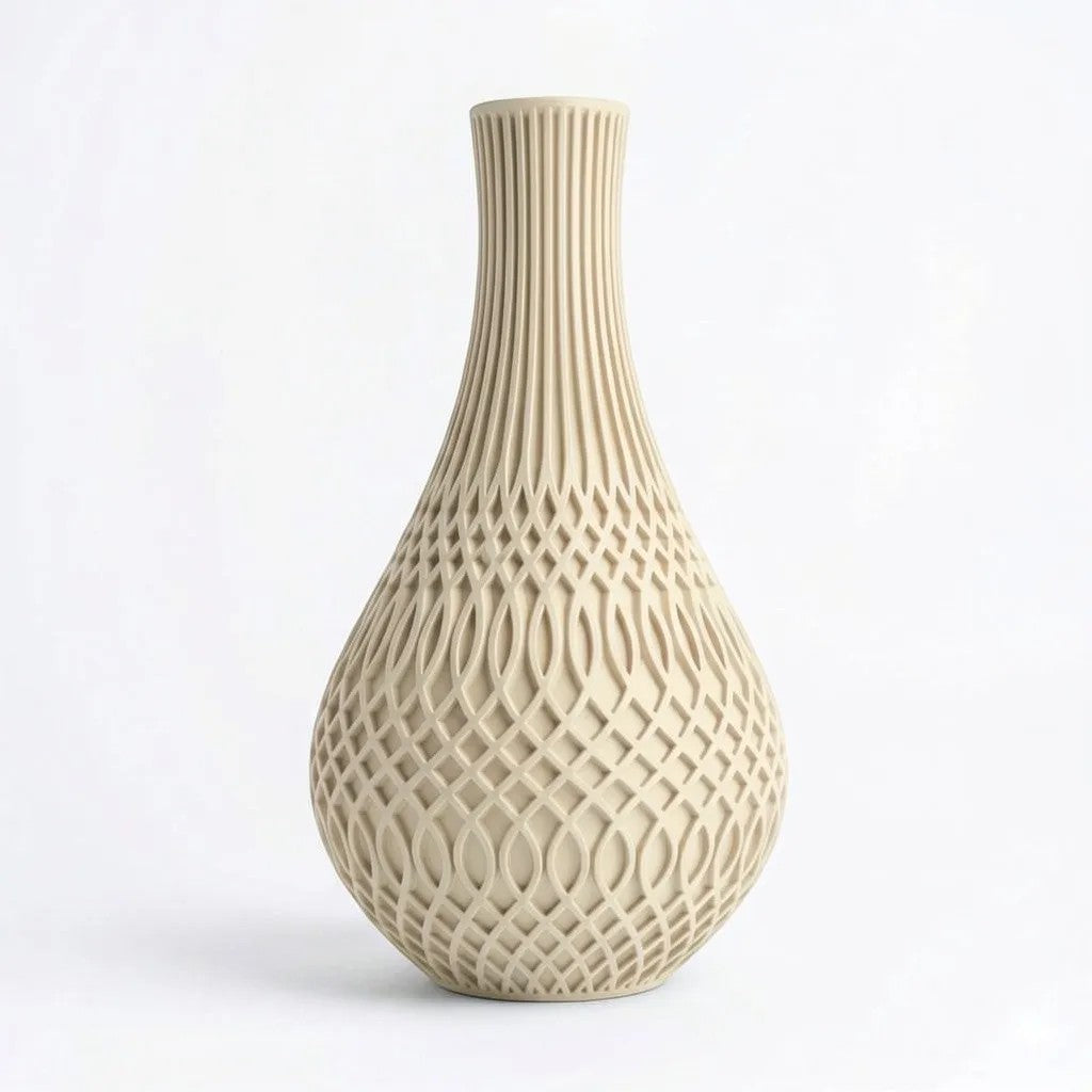 Lux Print Labs Inflect Vase in beige matte PLA with vertical fluting transitioning to a woven lattice pattern.