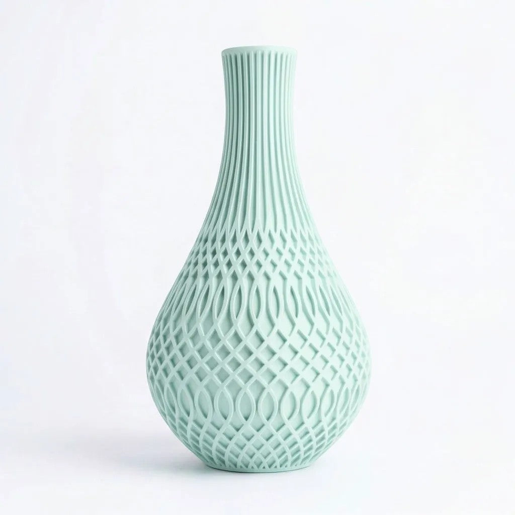 Lux Print Labs Inflect Vase in matte mint green PLA with geometric lattice pattern and vertical fluting.