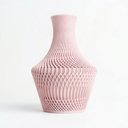 Lux Print Labs pink 3D printed vase with intricate, flowing, layered design and visually striking texture.