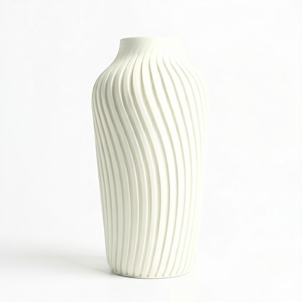 Lux Print Labs off-white 3D printed vase with a radiating spiral pattern, available in two sizes.