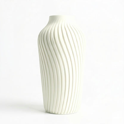 Lux Print Labs off-white 3D printed vase with a radiating spiral pattern, available in two sizes.