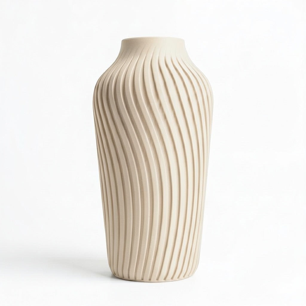 Lux Print Labs beige 3D printed vase with a radiating spiral pattern, available in two sizes.
