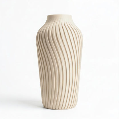 Lux Print Labs beige 3D printed vase with a radiating spiral pattern, available in two sizes.