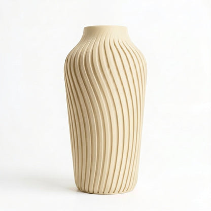 Lux Print Labs beige 3D printed vase with a radiating spiral pattern, available in two sizes.