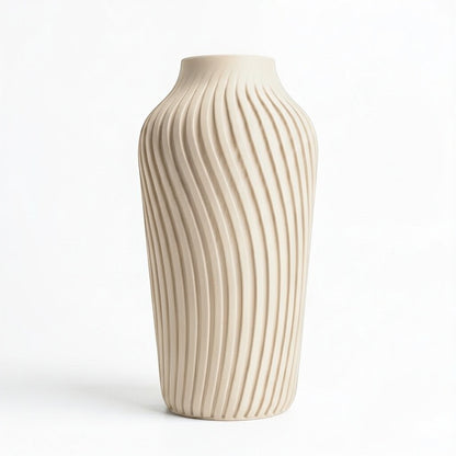 Lux Print Labs beige 3D printed vase with a radiating spiral pattern. Available in two sizes.