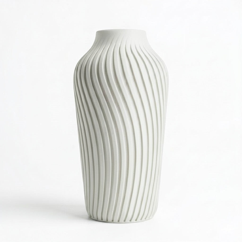 Lux Print Labs light grey 3D printed vase with a radiating spiral pattern, available in two sizes.