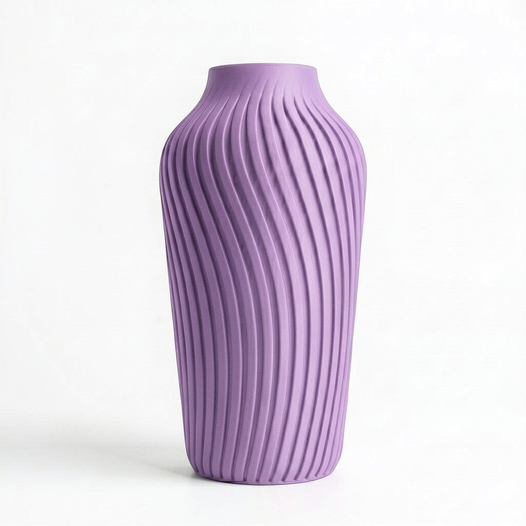 Lux Print Labs Radiate Vase in lavender, a 3D printed vase with a spiraling ribbed texture, available in two sizes.