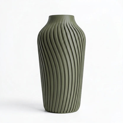 Lux Print Labs Radiate Vase in olive green, featuring a unique spiraling pattern and modern 3D printed design. Available in two sizes.