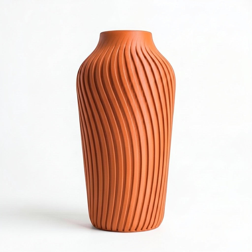 Lux Print Labs terracotta orange 3D printed vase with a radiating spiral pattern, available in two sizes.