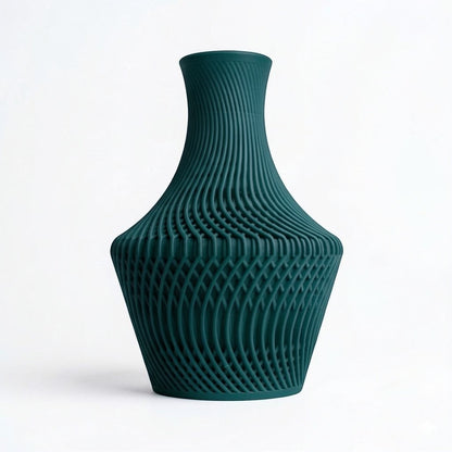 Lux Print Labs dark teal 3D printed PLA vase with a unique layered, flowing design and visually striking texture.