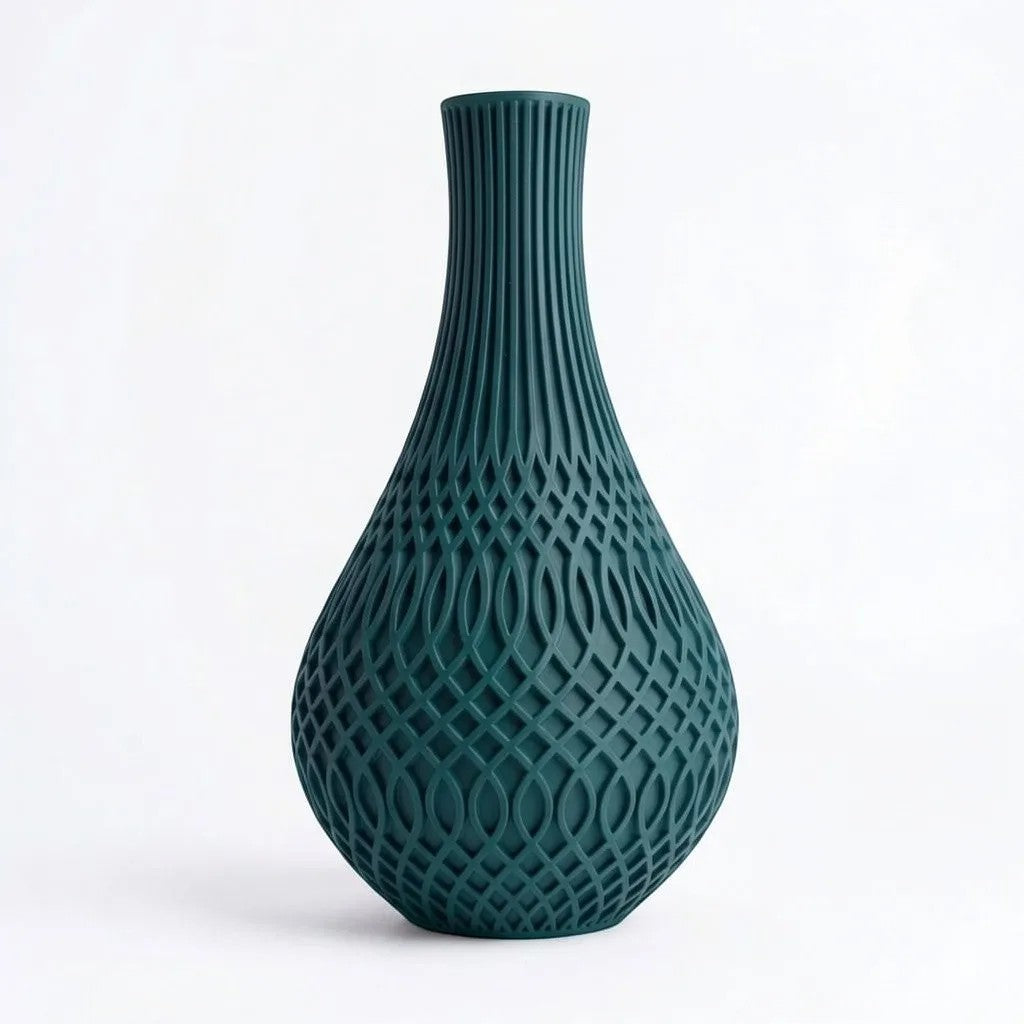 Lux Print Labs Inflect Vase in deep teal, featuring a geometric transition from vertical fluting to a woven lattice pattern. Made from matte PLA.