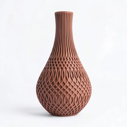 Lux Print Labs Inflect Vase in terracotta matte PLA with vertical fluting and woven lattice detail.
