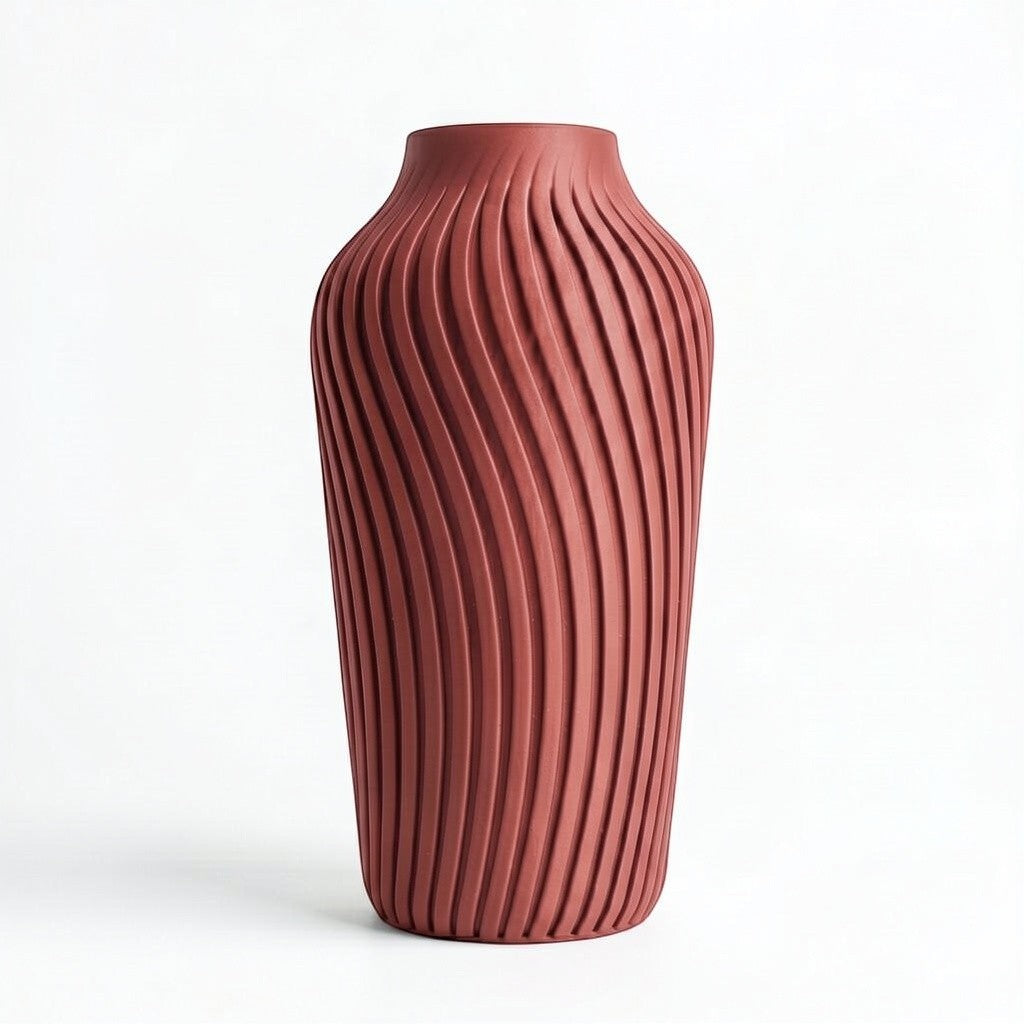 Lux Print Labs terracotta 3D printed vase with a spiraling ribbed texture, modern design.